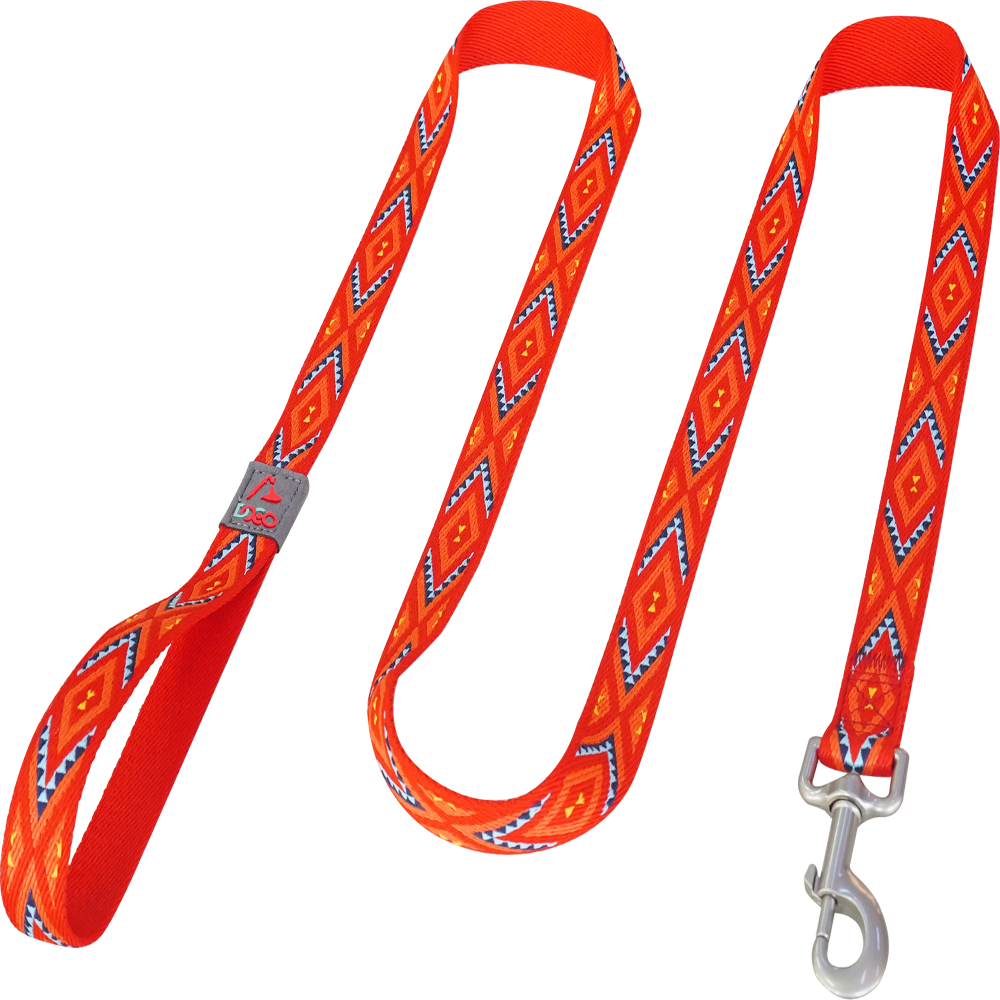 Red dog leash with geometric pattern on a white background