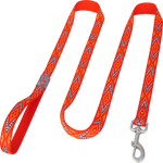 Red dog leash with geometric pattern on a white background