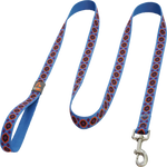 Blue dog leash with red and black pattern on a white background