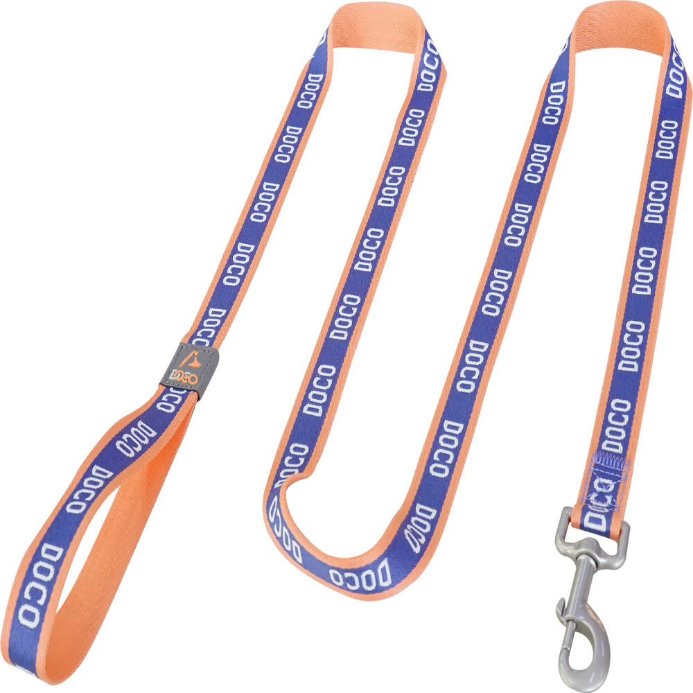 Orange and blue dog leash with 'DOCO' branding on a white background