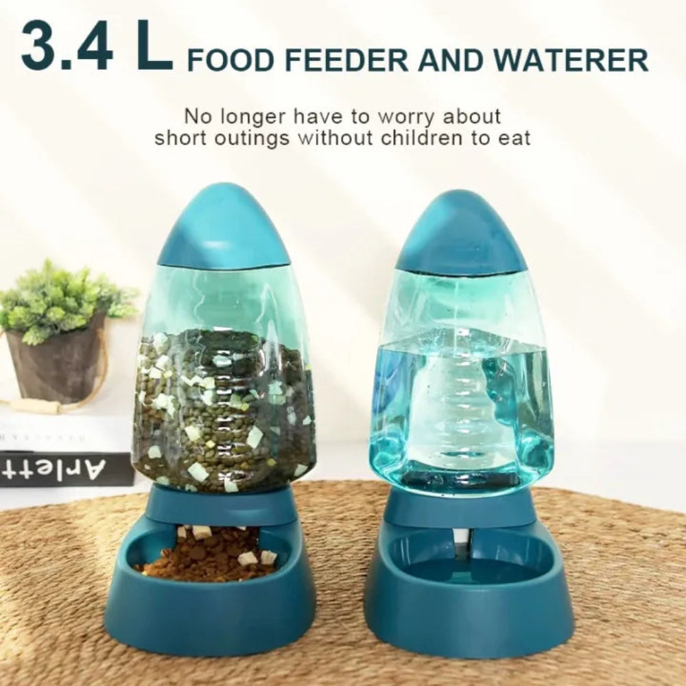 Blue food feeder and waterer for pets on a wooden surface with text indicating capacity and benefits.
