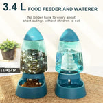 Blue food feeder and waterer for pets on a wooden surface with text indicating capacity and benefits.