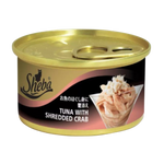 Can of Sheba tuna with shredded crab on a white background
