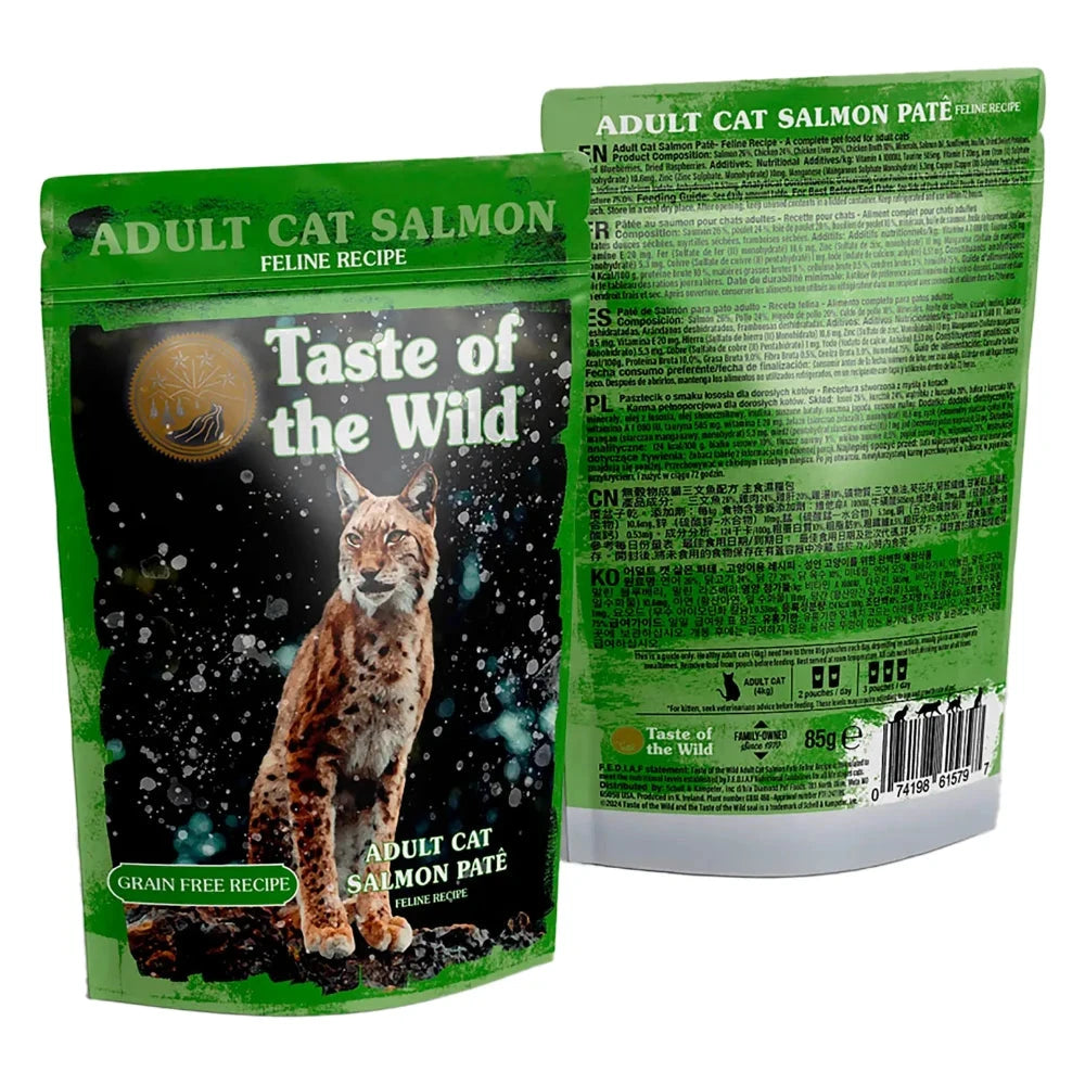 Taste of the Wild adult cat salmon pate packaging with a lynx illustration on a green background