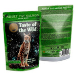 Taste of the Wild adult cat salmon pate packaging with a lynx illustration on a green background