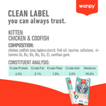 Wanpy kitten food packaging with nutritional information on a white background