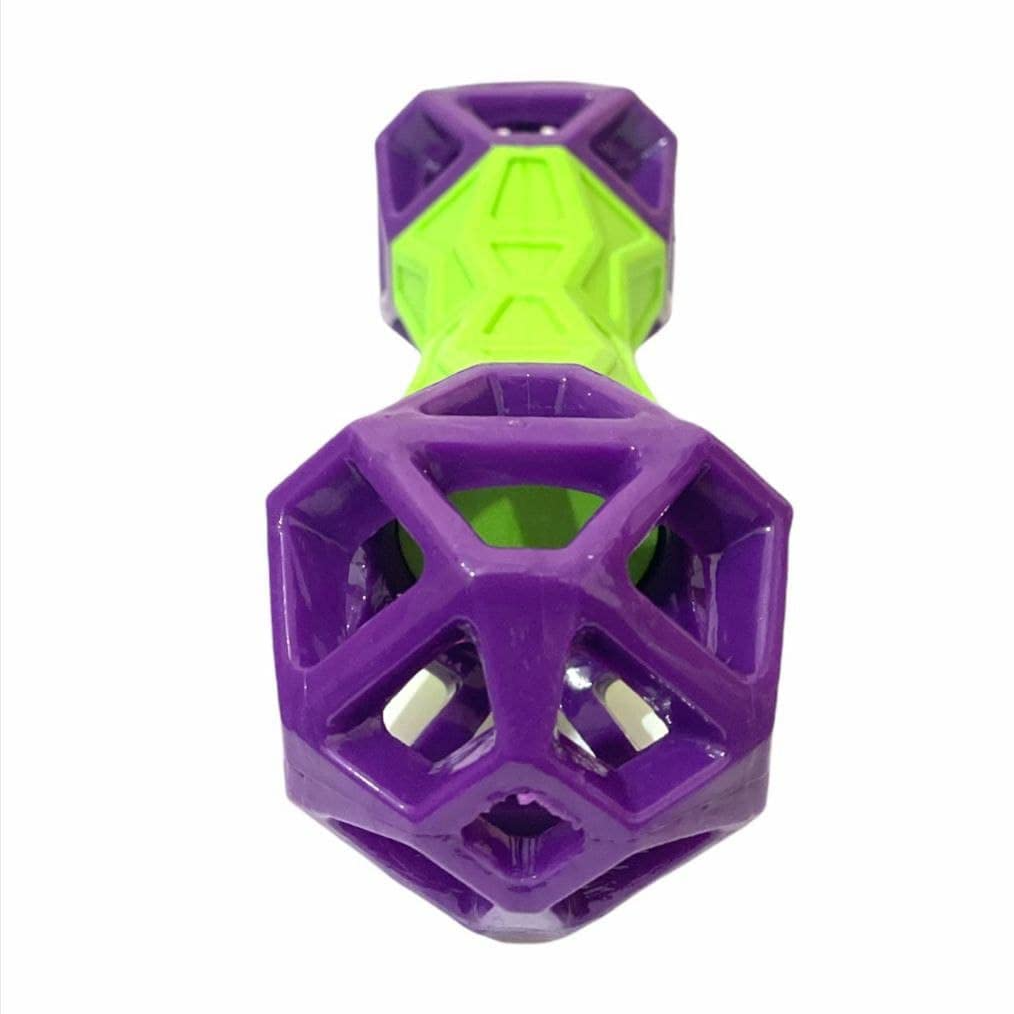 Purple and green geometric dog toy on a white background