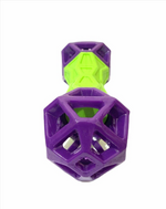 Purple and green geometric dog toy on a white background