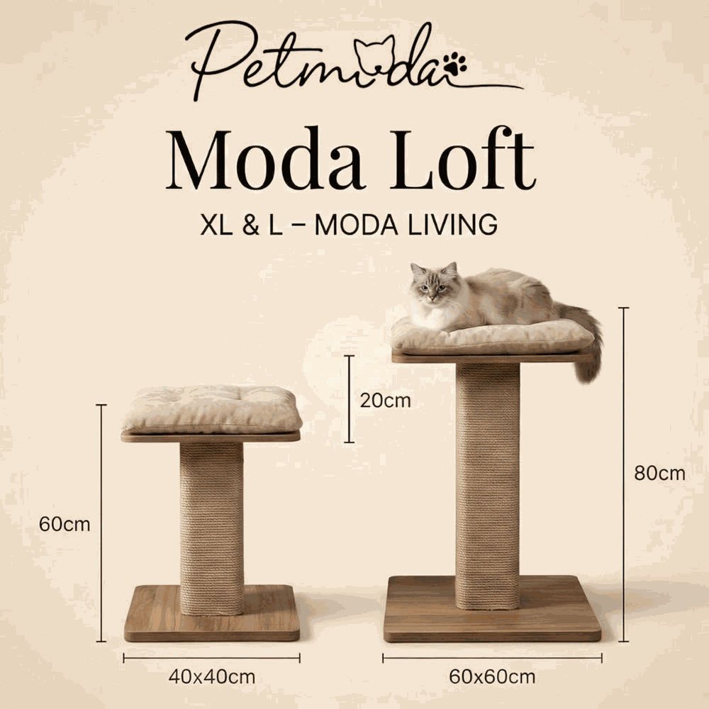 Cat tree with dimensions labeled, featuring 'Petmoda Moda Loft' branding.