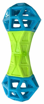 Blue and green geometric toy on a white background