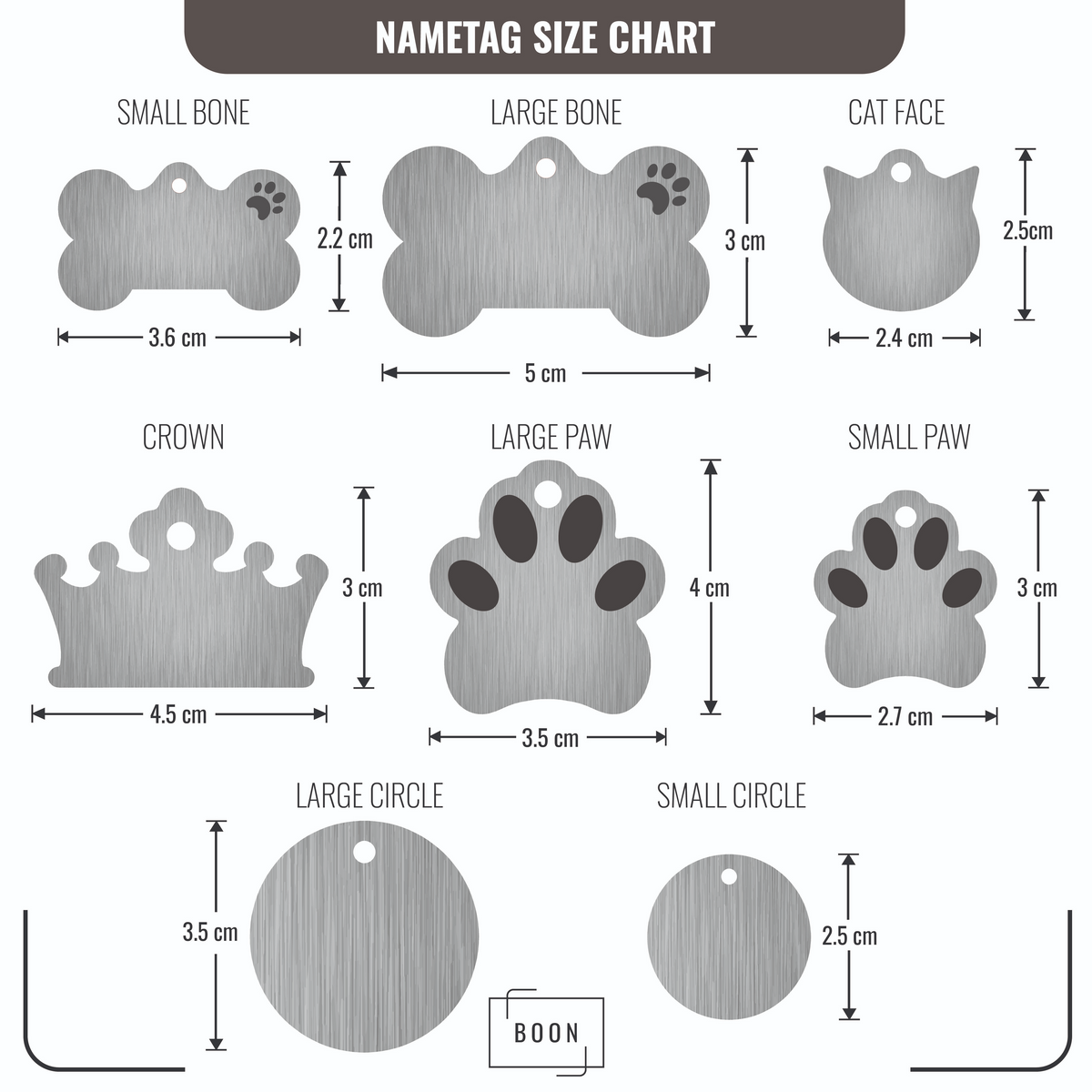Size chart for various pet name tags with dimensions