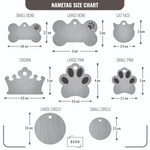Size chart for various pet name tags with dimensions