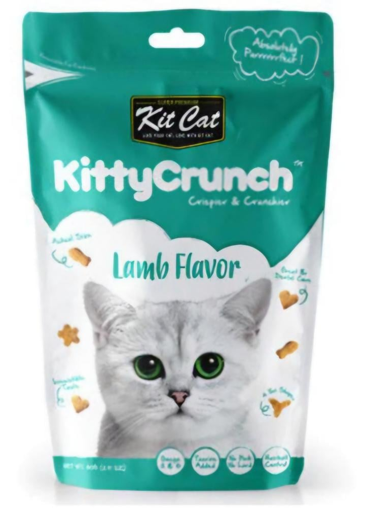 Kitty Crunch cat food package with a cat's face on a white background