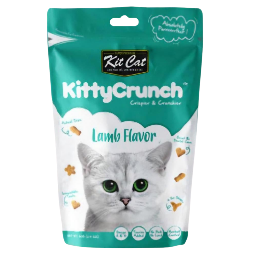 Kitty Crunch cat food package with a cat's face on a white background