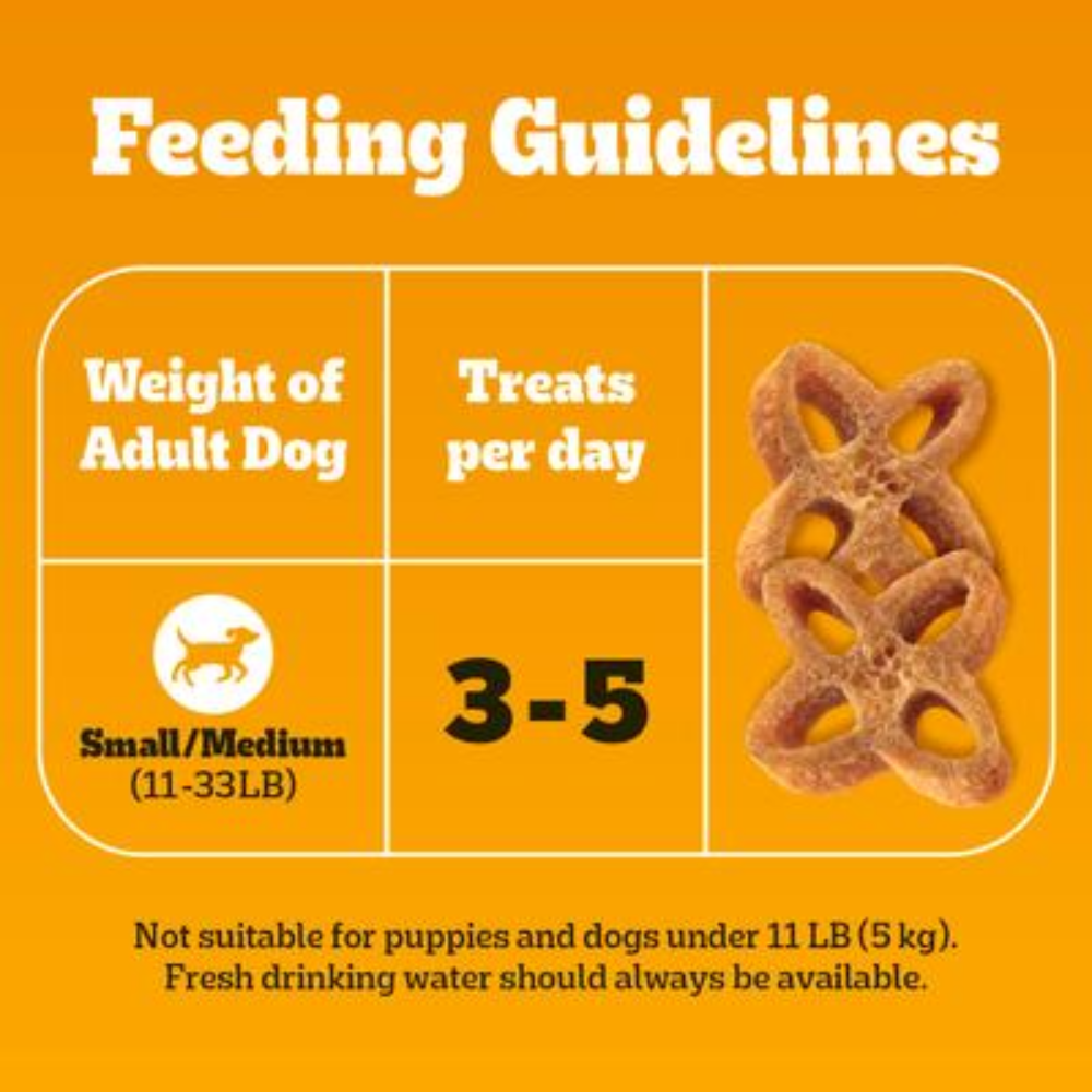 Feeding guidelines for small to medium adult dogs with treats on an orange background