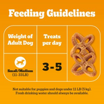 Feeding guidelines for small to medium adult dogs with treats on an orange background