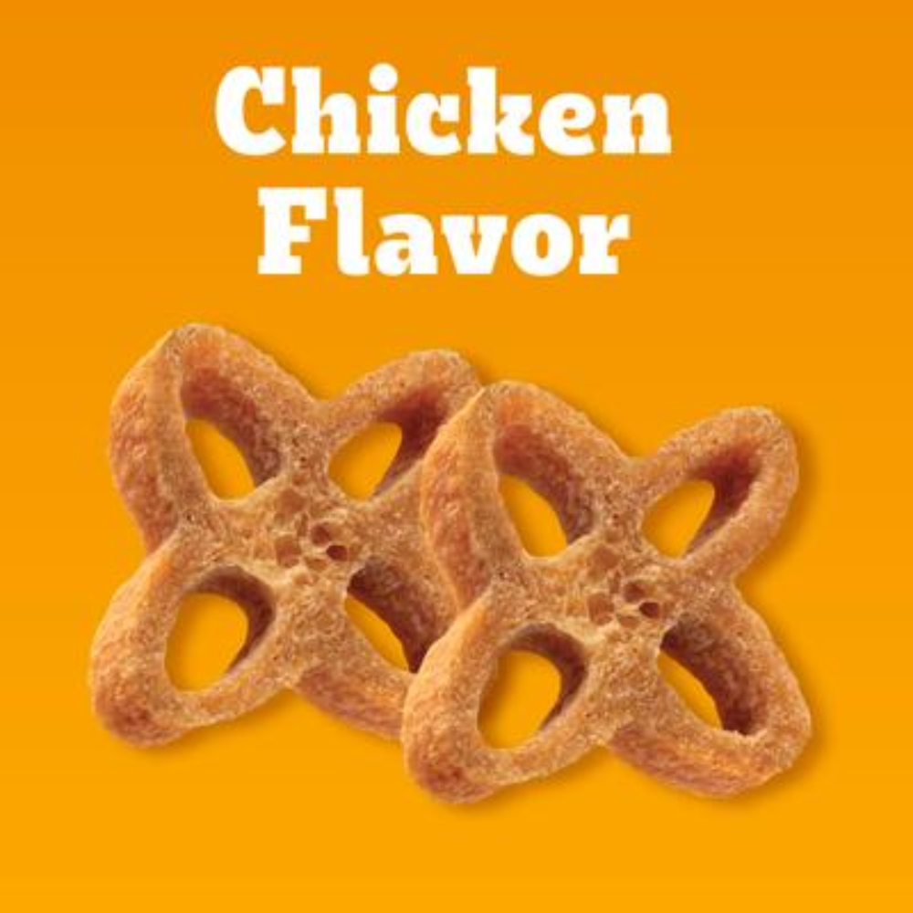 Two chicken flavor treats on a bright orange background with 'Chicken Flavor' text.