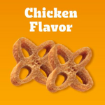 Two chicken flavor treats on a bright orange background with 'Chicken Flavor' text.