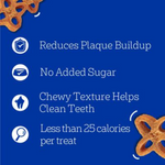 Product features on a blue background with dental icons and text.