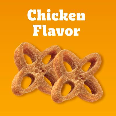 Two bone-shaped dog treats with 'Chicken Flavor' text on an orange background