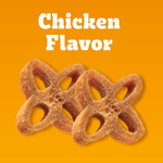 Two bone-shaped dog treats with 'Chicken Flavor' text on an orange background