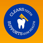Blue circular logo with toothbrush and tooth graphic on orange background