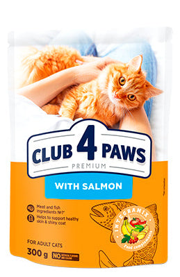 Cat food package with 'Club 4 Paws' branding and a cat on the label