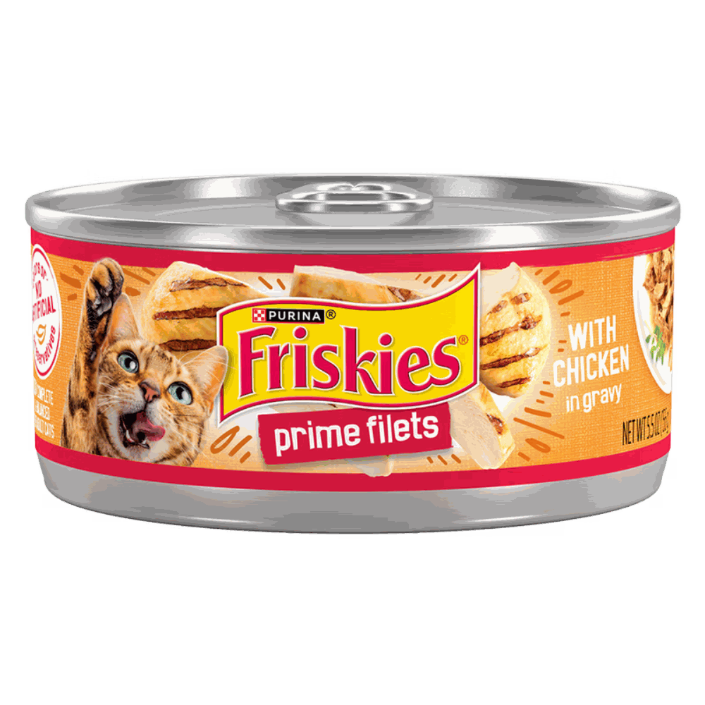 Can of Friskies prime filets with chicken in gravy on a white background