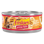 Can of Friskies prime filets with chicken in gravy on a white background