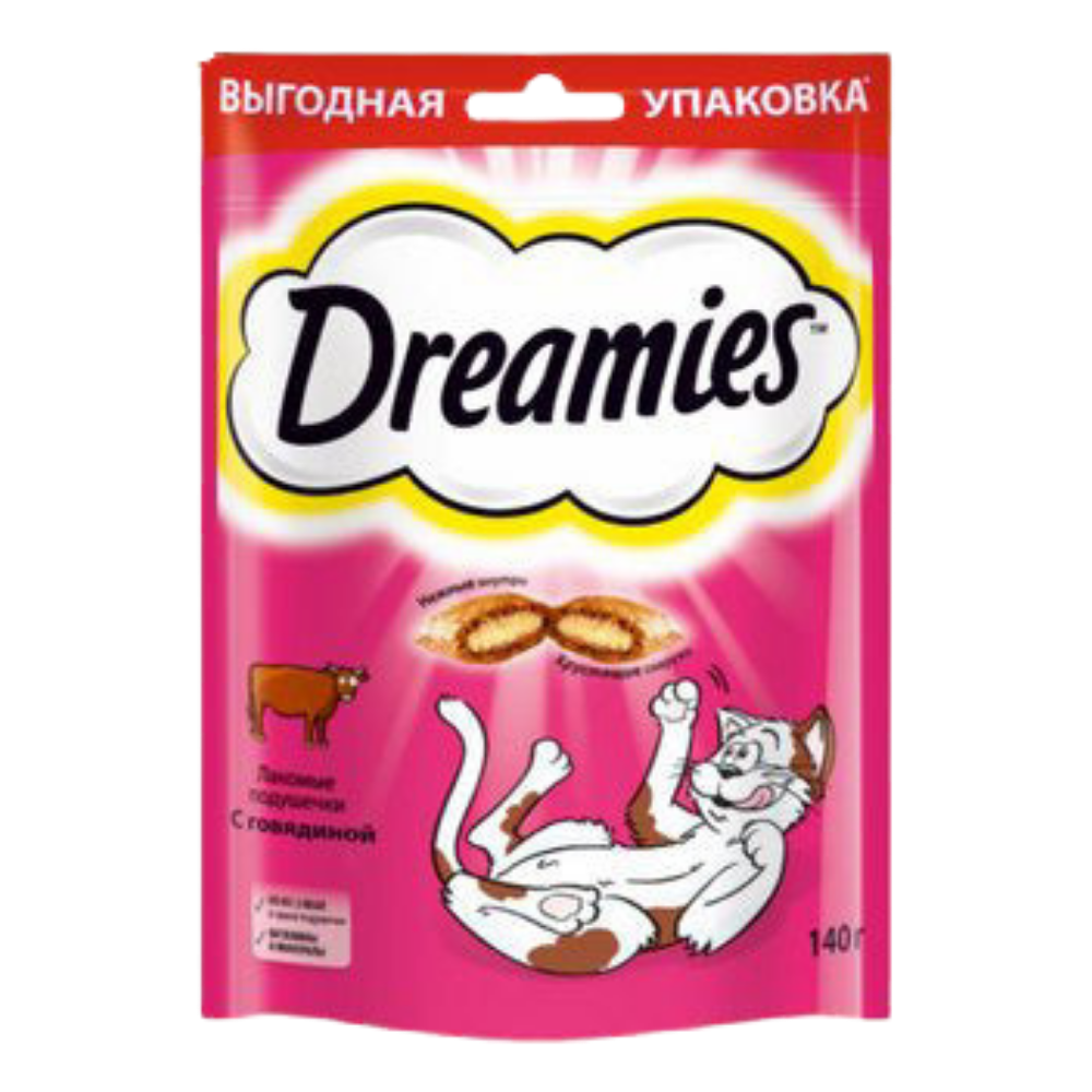 Dreamies cat treat packaging with a pink background and cartoon cat illustration.
