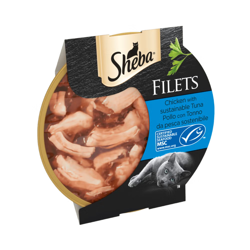 Sheba Filets cat food packaging with chicken and tuna on a white background