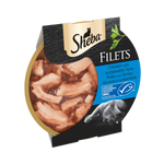 Sheba Filets cat food packaging with chicken and tuna on a white background