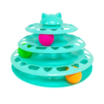 Turquoise cat toy with multiple levels and colorful balls on a white background
