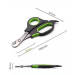 Pair of green and black scissors with measurements on a white background