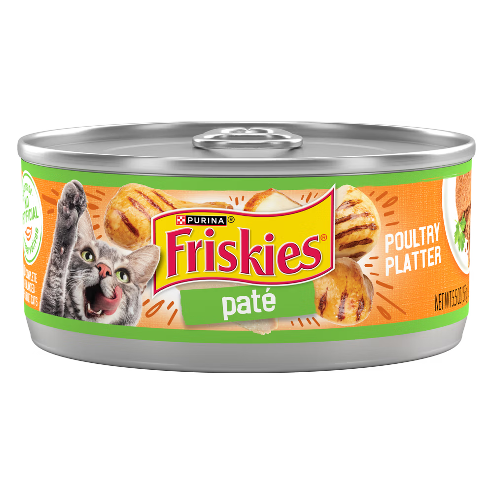 Can of Friskies Poultry Platter cat food on a white background