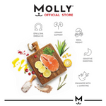 Molly pet food product with salmon, vegetables, and text highlighting benefits on a white background.