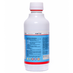 White bottle with blue label on a white background