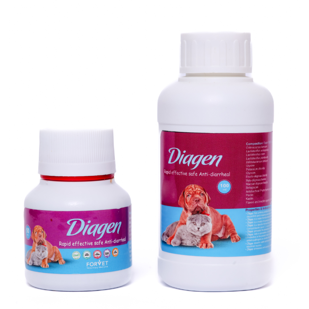 Two Diagen bottles for pets on a white background