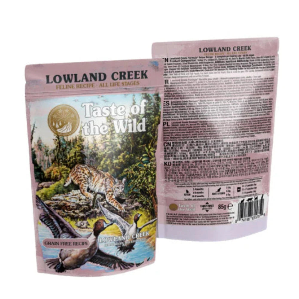 Lowland Creek cat food package with branding and product details on a white background