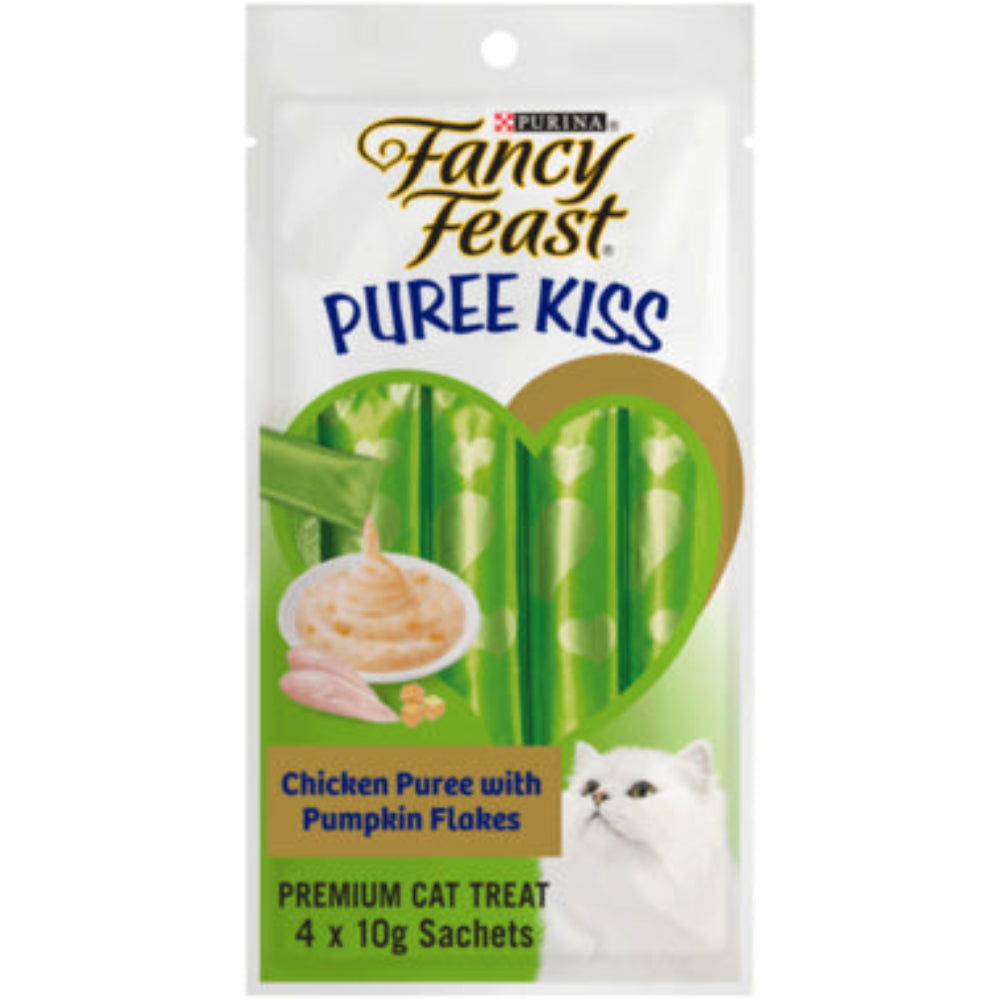 Fancy Feast Puree Kiss cat treat package with chicken puree and pumpkin flakes on a white background