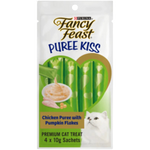 Fancy Feast Puree Kiss cat treat package with chicken puree and pumpkin flakes on a white background
