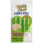 Fancy Feast Puree Kiss cat treat package with chicken puree and pumpkin flakes on a white background