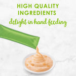 Green pouch with baby food being poured into a bowl on a white background, with text about high-quality ingredients.
