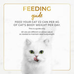 White cat with feeding guide text on a light background