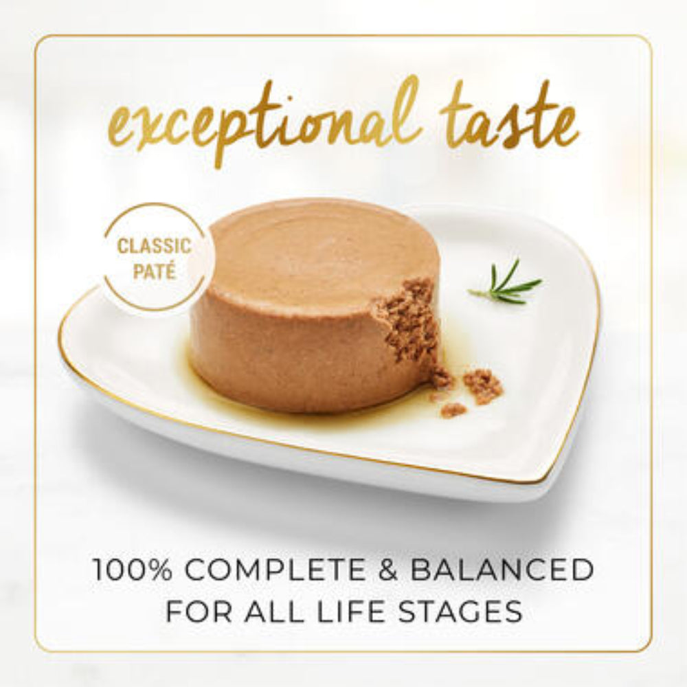 Round brown food item on a white plate with text about exceptional taste and balanced nutrition.