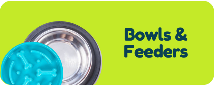 Pet bowls with a green label indicating 'Bowls & Feeders' on a white background