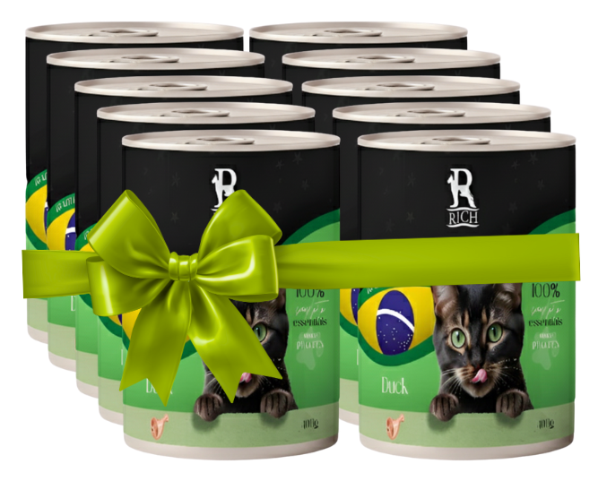 Multiple cans of cat food with a green bow on a white background