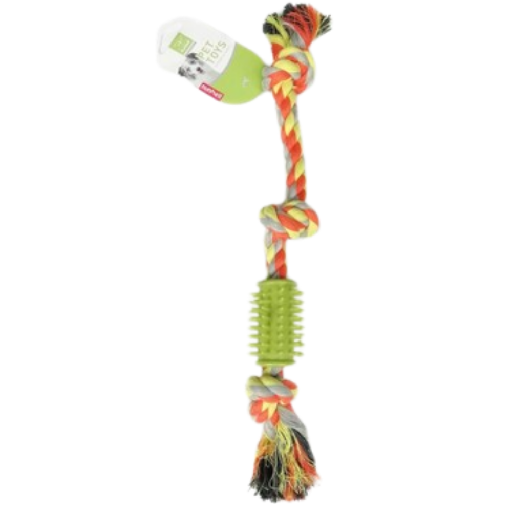Dog toy with colorful rope and green base on a white background