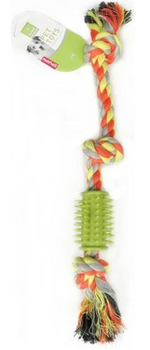 Dog toy with colorful rope and green base on a white background