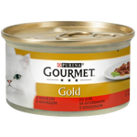 Purina Gourmet Gold cat food can with a white background